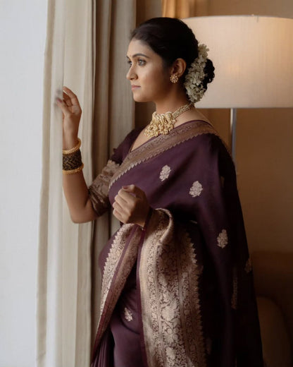 Brown Banarasi Soft Silk Saree with Gold Zari Weaving