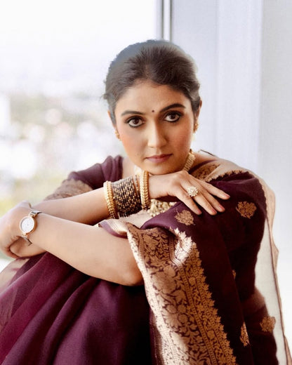 Brown Banarasi Soft Silk Saree with Gold Zari Weaving