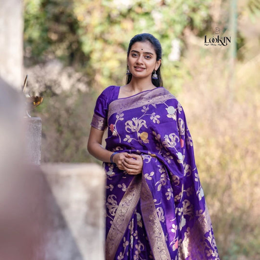 Royal Purple Banarasi Soft Silk Saree with Gold Zari Weaving