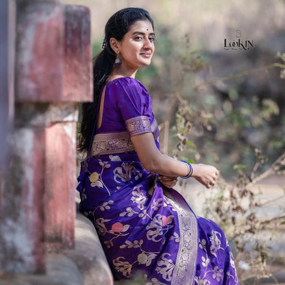 Royal Purple Banarasi Soft Silk Saree with Gold Zari Weaving