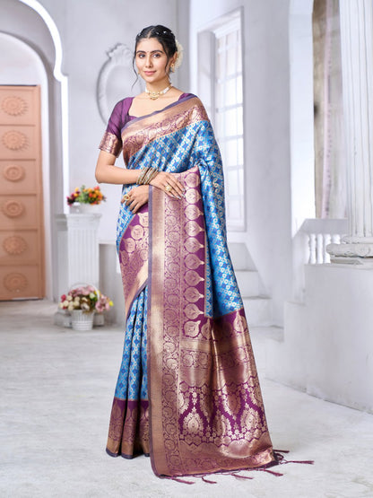 Sky Blue Banarasi Soft Silk Saree with Gold Zari Weaving