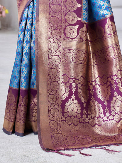 Sky Blue Banarasi Soft Silk Saree with Gold Zari Weaving