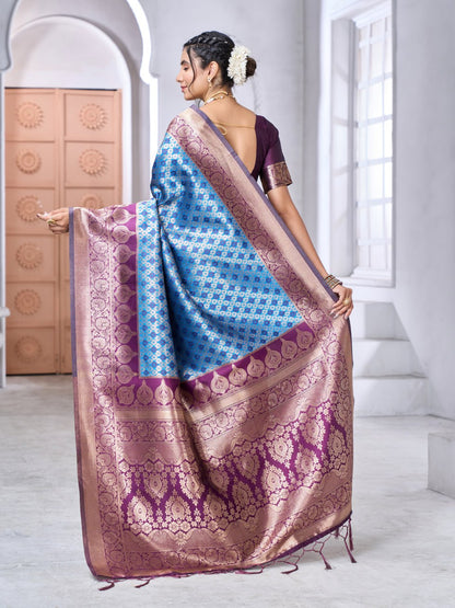 Sky Blue Banarasi Soft Silk Saree with Gold Zari Weaving