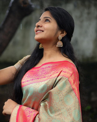 Sea Green Banarasi Soft Silk Saree with Pink Contrast Border & Gold Zari Weaving