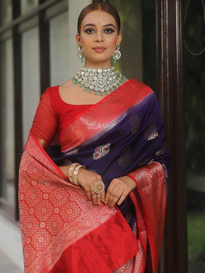 Deep Purple Banarasi Soft Silk Saree with Red Contrast Border & Gold Zari Weaving