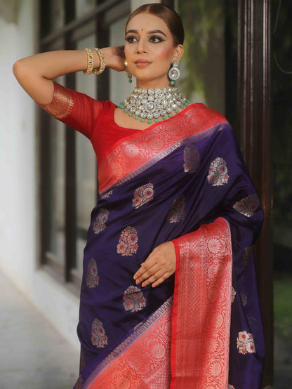 Deep Purple Banarasi Soft Silk Saree with Red Contrast Border & Gold Zari Weaving