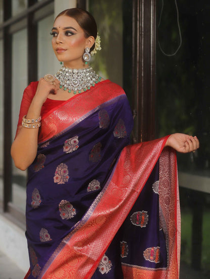 Deep Purple Banarasi Soft Silk Saree with Red Contrast Border & Gold Zari Weaving