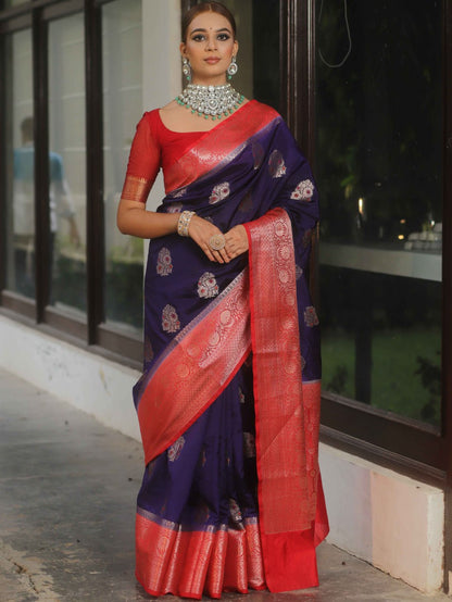 Deep Purple Banarasi Soft Silk Saree with Red Contrast Border & Gold Zari Weaving
