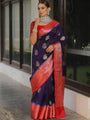 Deep Purple Banarasi Soft Silk Saree with Red Contrast Border & Gold Zari Weaving