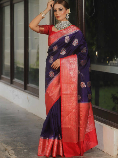 Deep Purple Banarasi Soft Silk Saree with Red Contrast Border & Gold Zari Weaving
