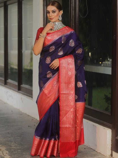 Deep Purple Banarasi Soft Silk Saree with Red Contrast Border & Gold Zari Weaving