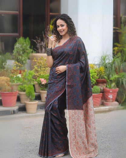Navy Blue Banarasi Soft Silk Saree with Copper Zari Weaving