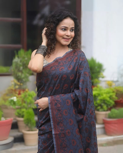 Navy Blue Banarasi Soft Silk Saree with Copper Zari Weaving