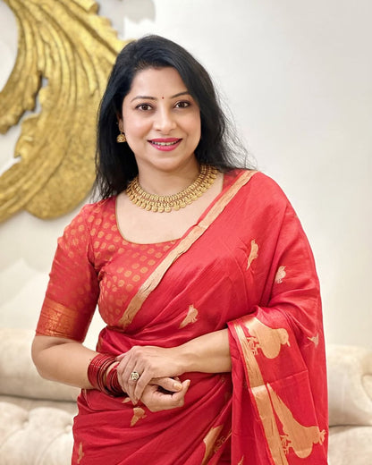 Regal Glow Banarasi Soft Silk Saree – Available in Scarlet Red & Royal Purple