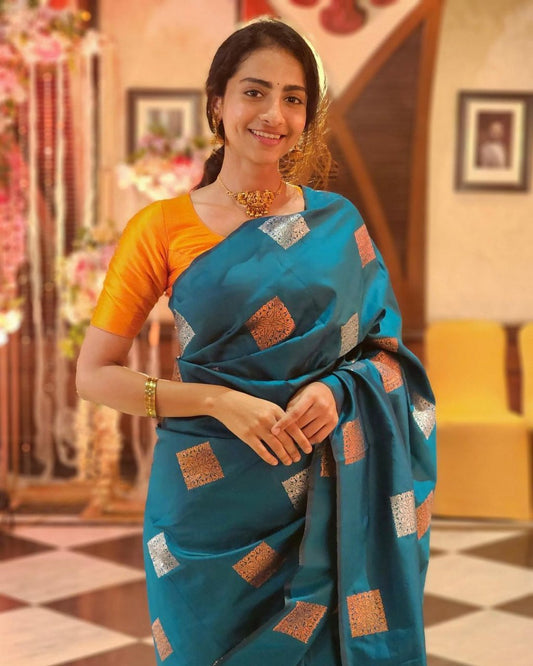 Banarasi Soft Silk Saree with Contrast Square Zari Motifs