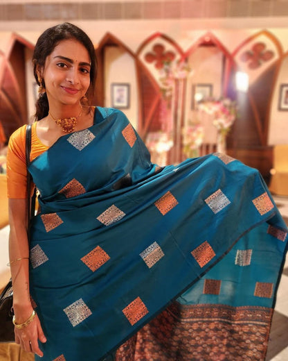 Banarasi Soft Silk Saree with Contrast Square Zari Motifs