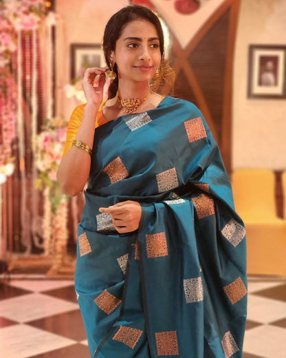Banarasi Soft Silk Saree with Contrast Square Zari Motifs