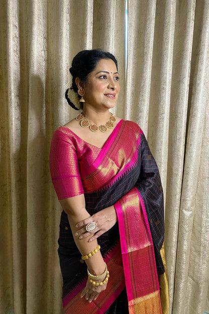Black & Pink Banarasi Soft Silk Saree with Golden Zari Border ✨