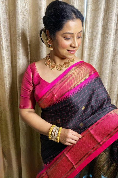Black & Pink Banarasi Soft Silk Saree with Golden Zari Border ✨