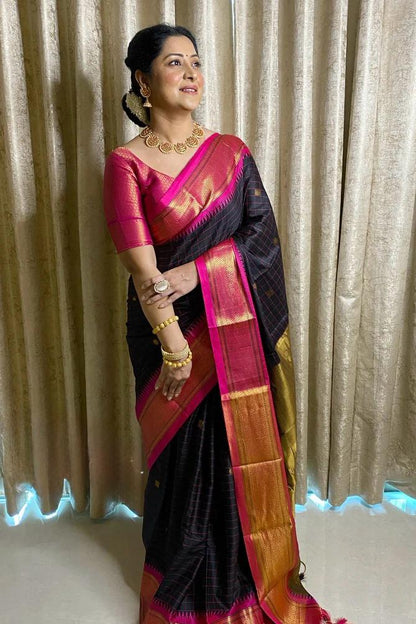 Black & Pink Banarasi Soft Silk Saree with Golden Zari Border ✨