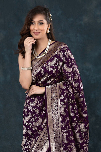 Royal Purple Banarasi Soft Silk Saree with Gold Zari Weaving