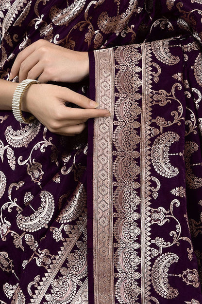 Royal Purple Banarasi Soft Silk Saree with Gold Zari Weaving