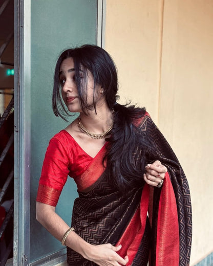 Black Banarasi Soft Silk Saree with Red Border & Gold Zari Weaving
