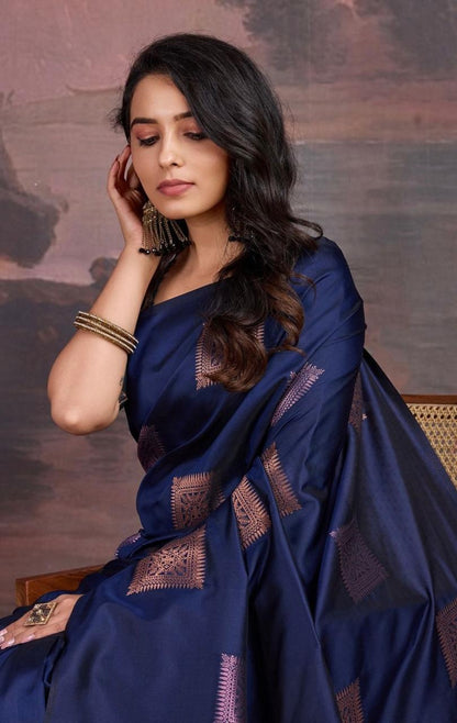 Navy Blue Banarasi Soft Silk Saree with Copper & Pink Zari Weaving