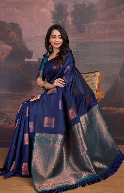 Navy Blue Banarasi Soft Silk Saree with Copper & Pink Zari Weaving