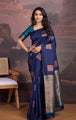 Navy Blue Banarasi Soft Silk Saree with Copper & Pink Zari Weaving