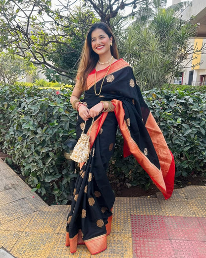 Black Banarasi Soft Silk Saree with Gold Zari Weaving