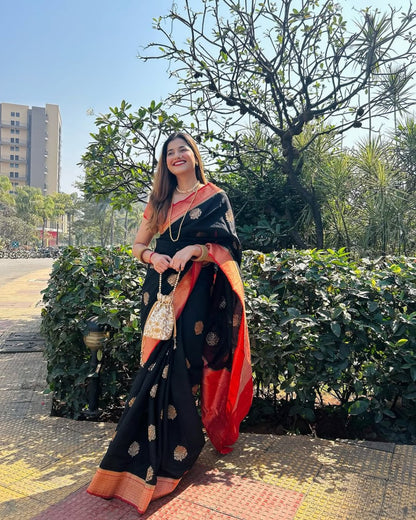 Black Banarasi Soft Silk Saree with Gold Zari Weaving