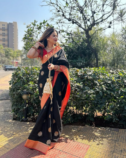 Black Banarasi Soft Silk Saree with Gold Zari Weaving