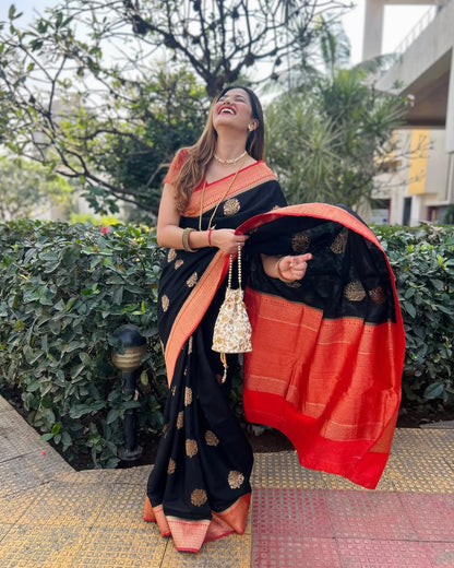 Black Banarasi Soft Silk Saree with Gold Zari Weaving
