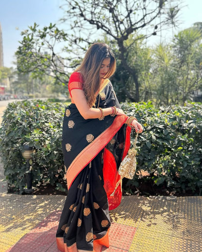Black Banarasi Soft Silk Saree with Gold Zari Weaving