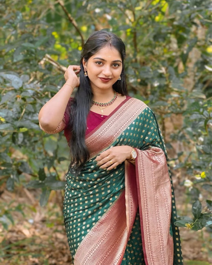 Bottle Green Banarasi Soft Silk Saree with Gold Zari Weaving
