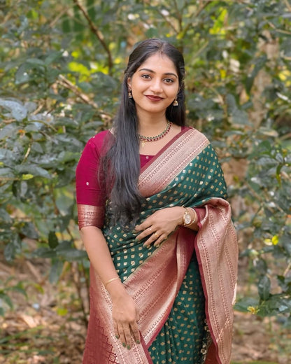 Bottle Green Banarasi Soft Silk Saree with Gold Zari Weaving