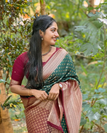 Bottle Green Banarasi Soft Silk Saree with Gold Zari Weaving