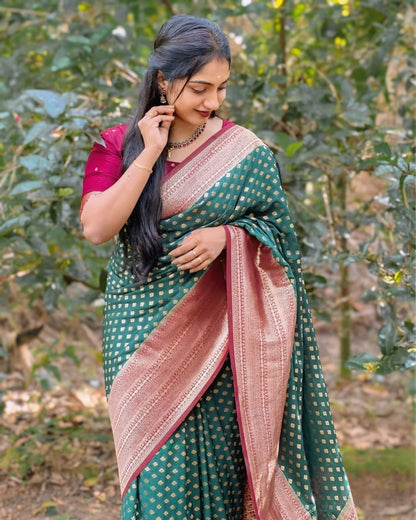 Bottle Green Banarasi Soft Silk Saree with Gold Zari Weaving