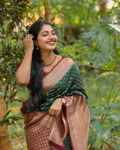 Bottle Green Banarasi Soft Silk Saree with Gold Zari Weaving