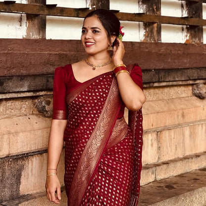 Maroon Banarasi Soft Silk Saree with Gold Zari Weaving