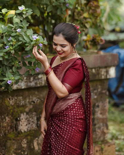 Maroon Banarasi Soft Silk Saree with Gold Zari Weaving