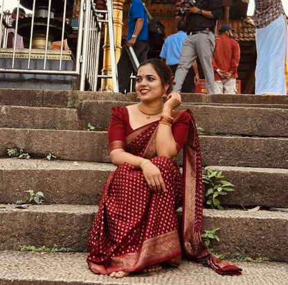 Maroon Banarasi Soft Silk Saree with Gold Zari Weaving