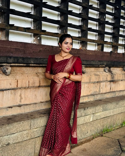 Maroon Banarasi Soft Silk Saree with Gold Zari Weaving