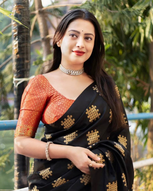 Black Banarasi Soft Silk Saree with Golden Zari Motifs