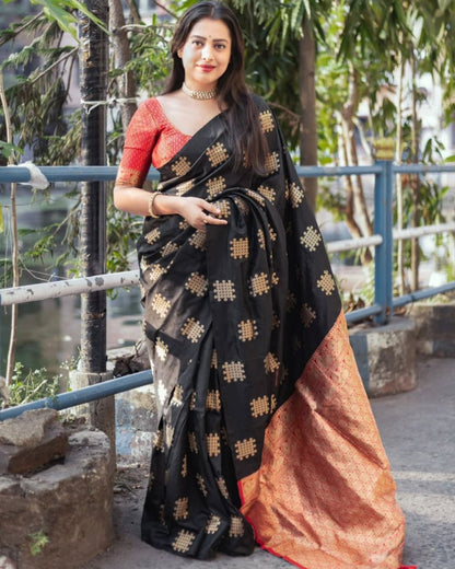 Black Banarasi Soft Silk Saree with Golden Zari Motifs
