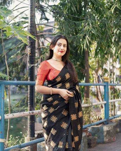 Black Banarasi Soft Silk Saree with Golden Zari Motifs