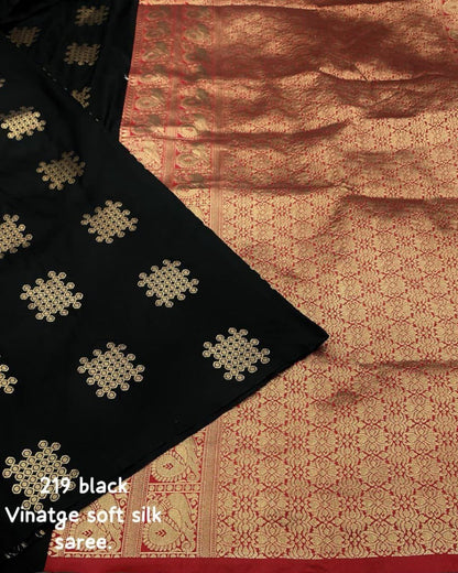 Black Banarasi Soft Silk Saree with Golden Zari Motifs