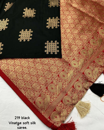 Black Banarasi Soft Silk Saree with Golden Zari Motifs