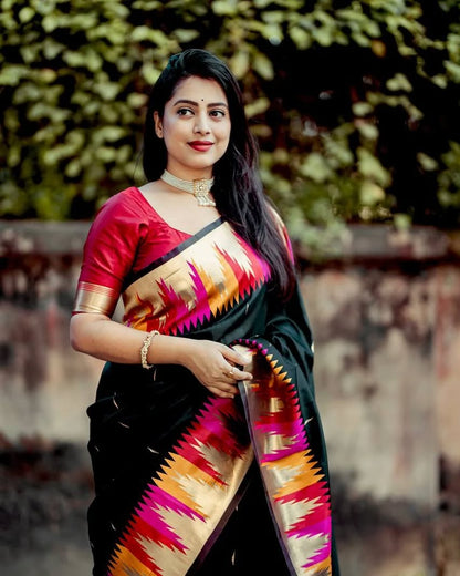Black Banarasi Soft Silk Saree with Vibrant Zari Border